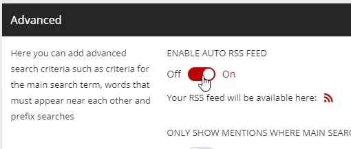 The “Enable Auto RSS feed” switch under Advanced in a stream’s settings