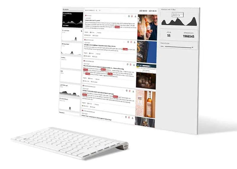 The Hypefactors platform on a desktop screen: media monitoring streams and mentions