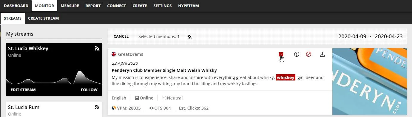 A mention selected in a Monitor stream, with the RSS icon in the toolbar