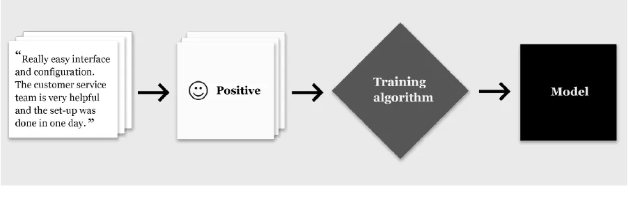 Diagram: a review labelled positive goes into a training algorithm, which produces a model