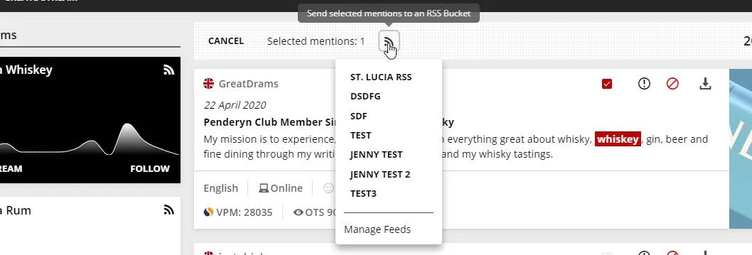 The list of RSS feeds to send the selected mentions to