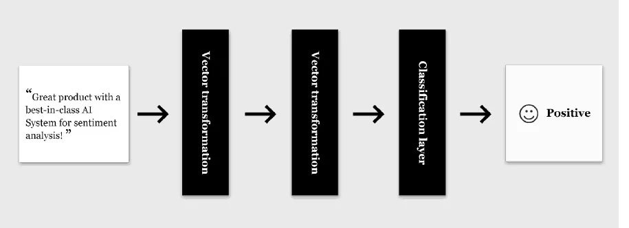 Diagram: a review passes through two vector transformations and a classification layer and comes out labelled positive