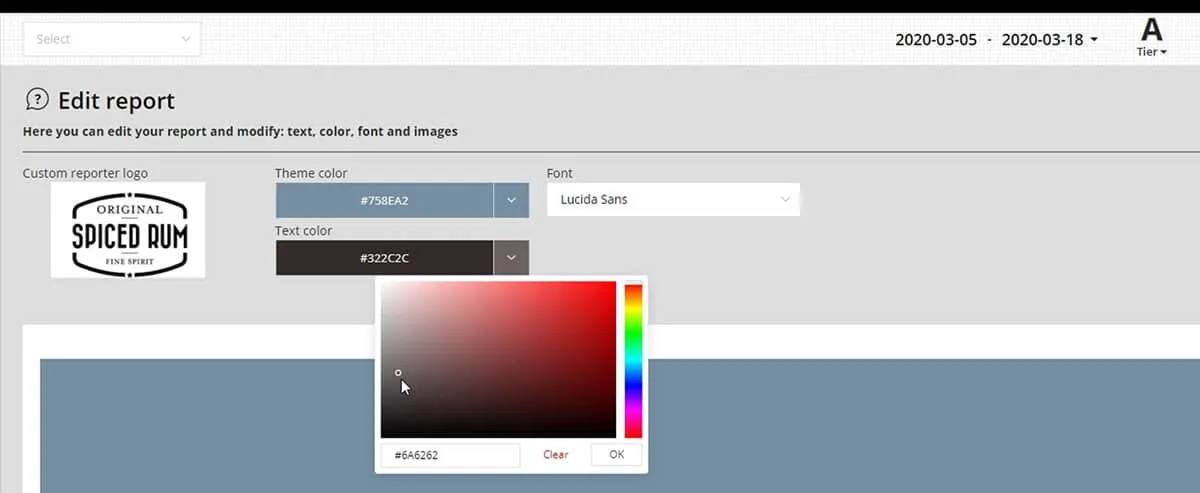 Editing a report: your own logo, theme colour, text colour and font