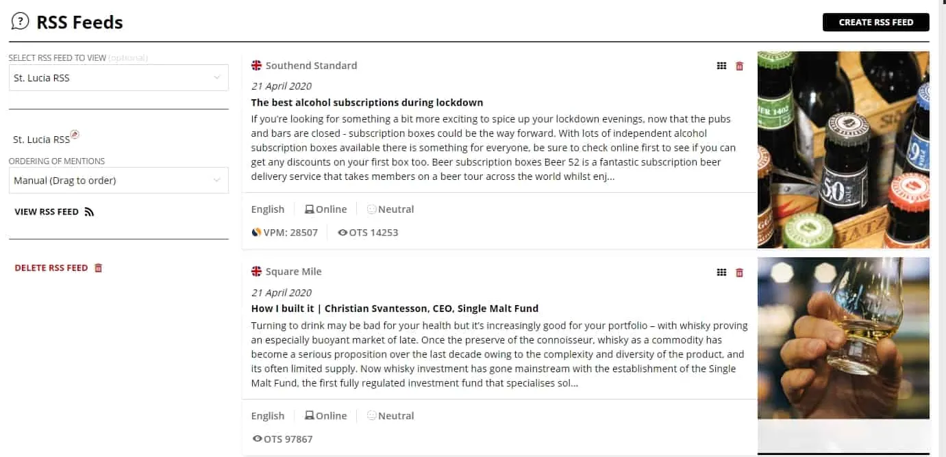 The RSS Feeds page in Hypefactors: a feed’s mentions with headline, date, summary and image