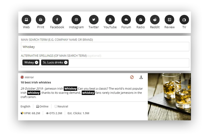 Setting up a news stream in Hypefactors – media types, search terms and a matching article